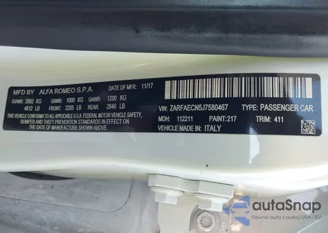 2018 Alfa Romeo Giulia Ti Rwd z USA, uszkodzony, nr VIN ZARFAECN5J7580467